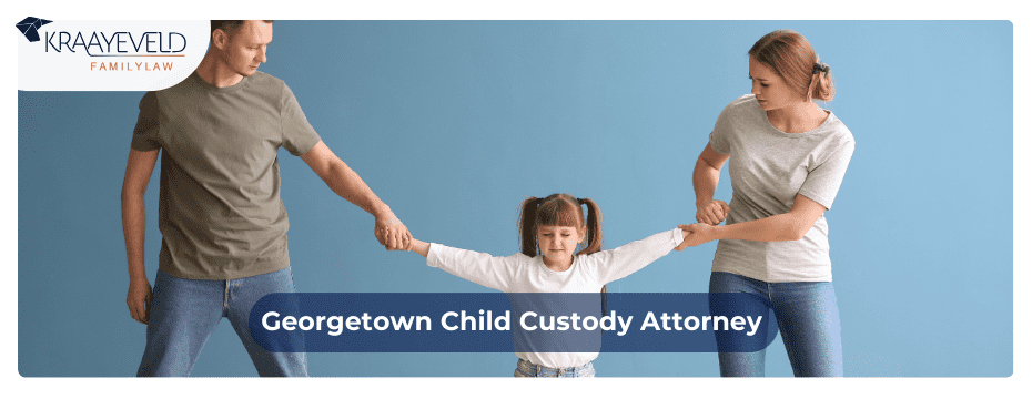 Divorced parents fighting for their daughter's child custody, holding her hands in opposite directions.