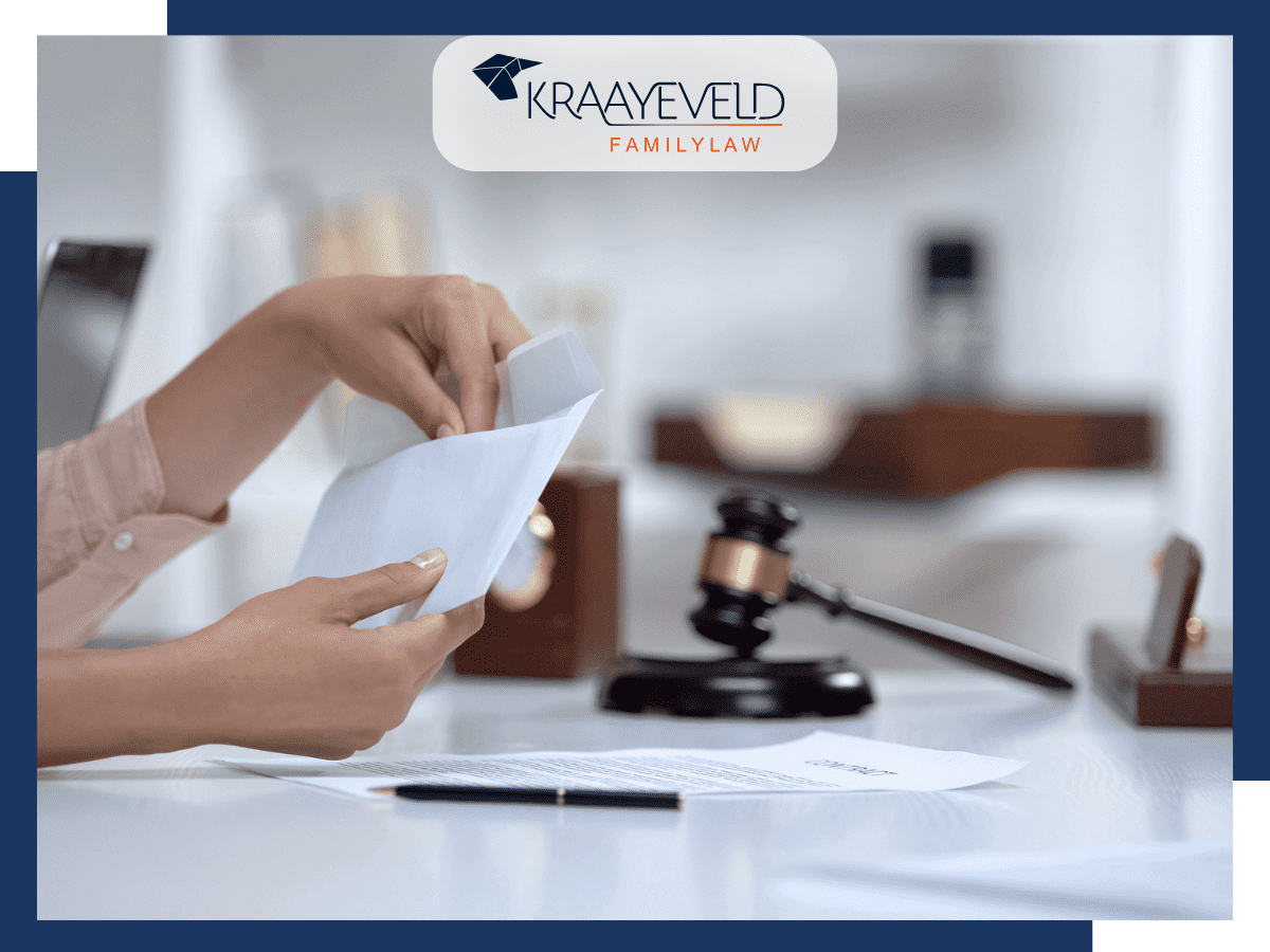 hands opening a white envelope with judge's gavel pictured on white desktop